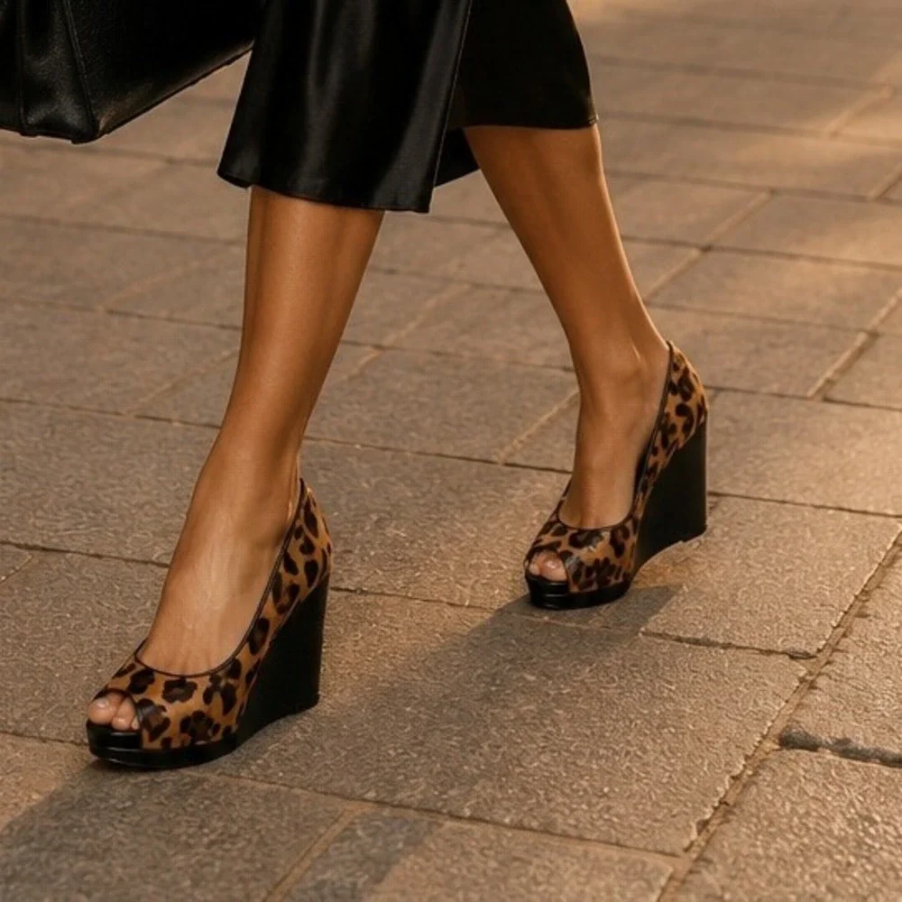 BCBG Generation Leopard Print Calf Hair Peep Toe Wedge Heels Mob Wife Old Money